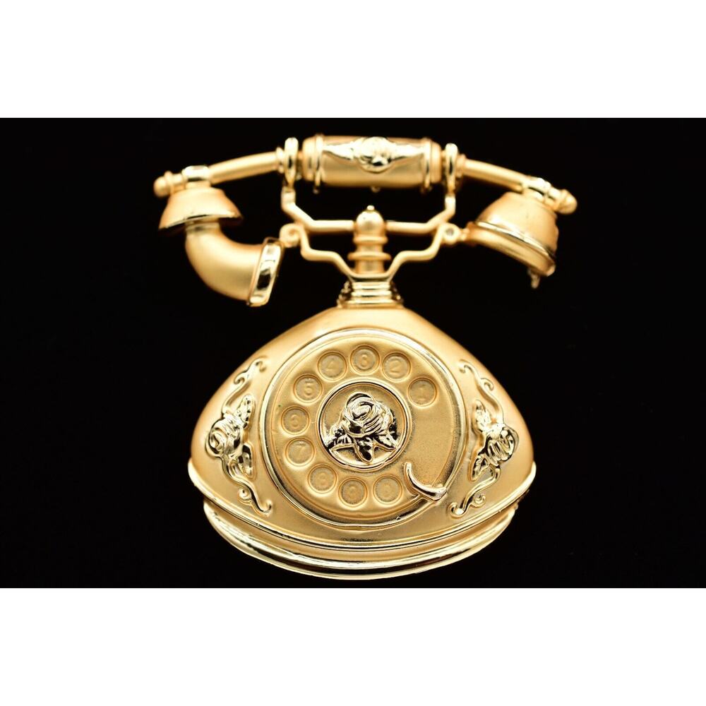 AJC Rotary Dial Phone Brooch Pin Brushed Gold Chunky Vintage Signed 1980s BinBG